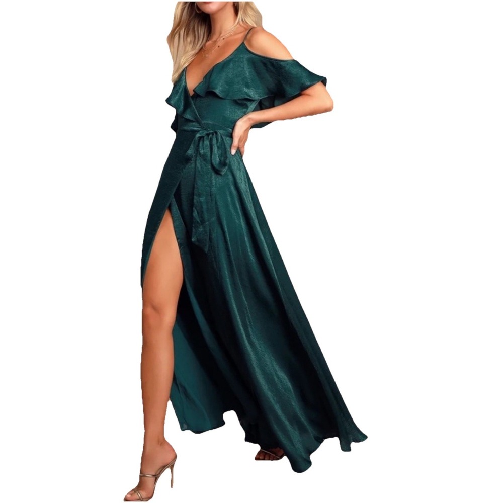 Lulu's Deep Teal Ruffled Cold-Shoulder Maxi Dress